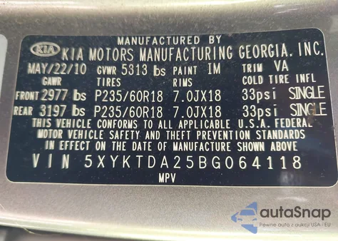 2011 Kia Sorento Lx V6 из США, поврежденный, VIN 5XYKTDA25BG064118